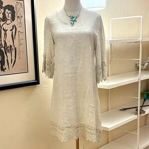 Stella Rosa,Italy,Soft Cream Linen Dress,Crochet Cuff & Hem,Lagenlook, Size XS